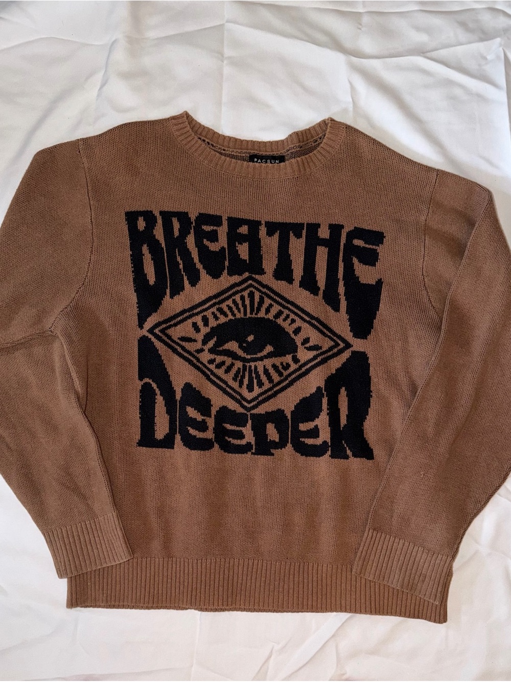PacSun "Breathe Deeper" Brown Graphic Knit Crewneck Sweater Men’s XL